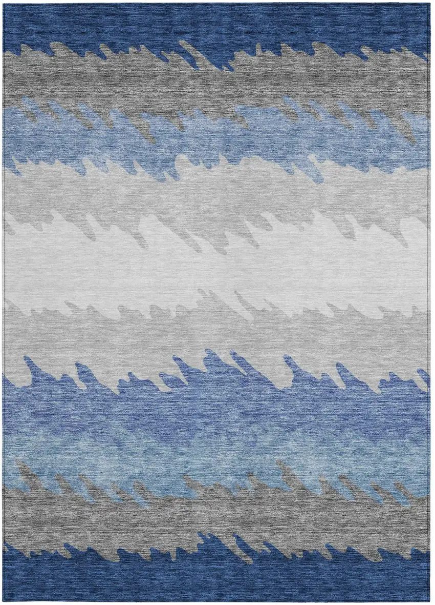 Navy Blue Gray And Silver Striped Washable Indoor Outdoor Area Rug Photo 5