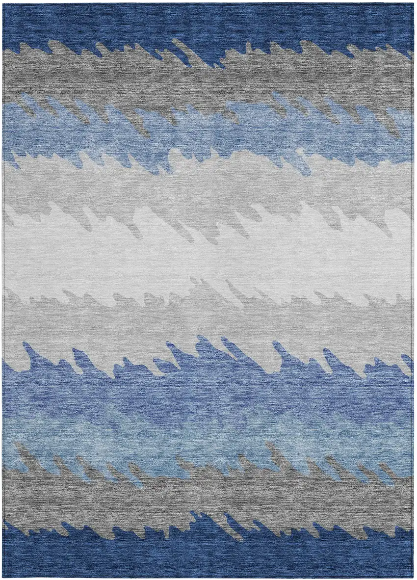 Navy Blue Gray And Silver Striped Washable Indoor Outdoor Area Rug Photo 5