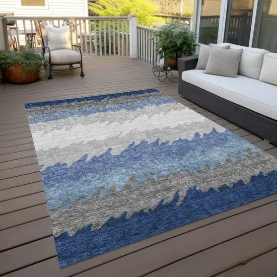 Navy Blue Gray And Silver Striped Washable Indoor Outdoor Area Rug Photo 9