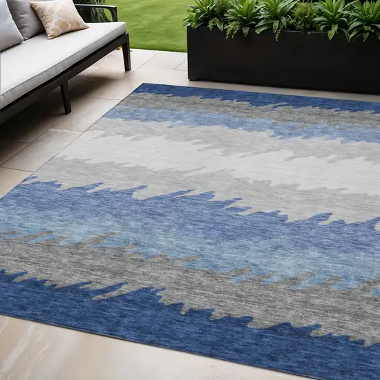 Navy Blue Gray And Silver Striped Washable Indoor Outdoor Area Rug Photo 1