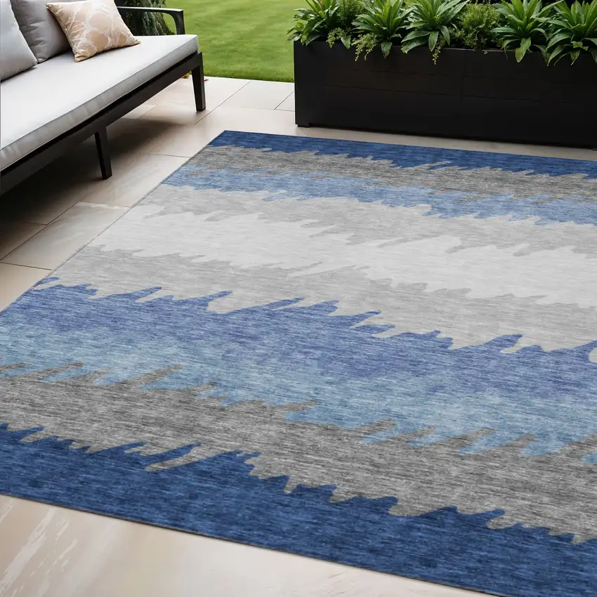 Navy Blue Gray And Silver Striped Washable Indoor Outdoor Area Rug Photo 1