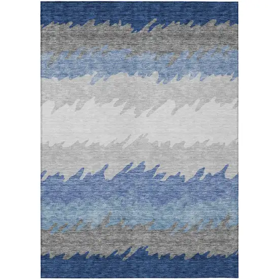 Navy Blue Gray And Silver Striped Washable Indoor Outdoor Area Rug Photo 1