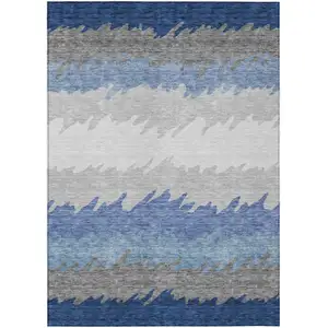 Photo of Navy Blue Gray And Silver Striped Washable Indoor Outdoor Area Rug
