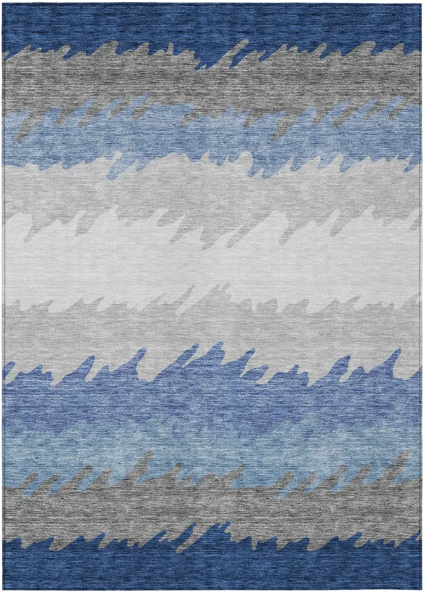Navy Blue Gray And Silver Striped Washable Indoor Outdoor Area Rug Photo 1