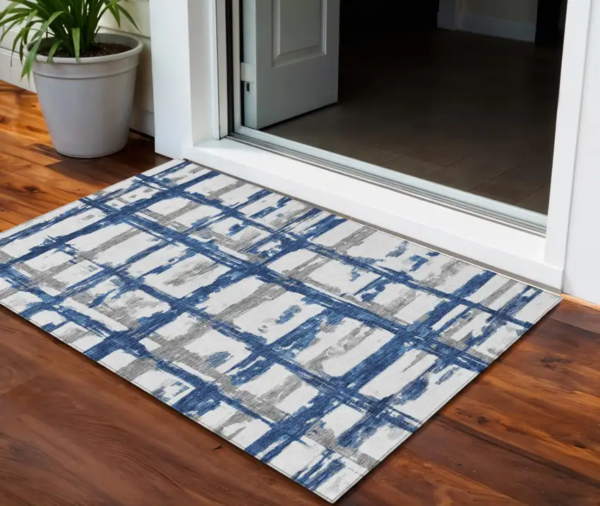 Navy Blue Gray And Silver Striped Washable Indoor Outdoor Area Rug Photo 1