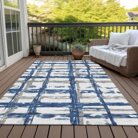 Navy Blue Gray And Silver Striped Washable Indoor Outdoor Area Rug Photo 6