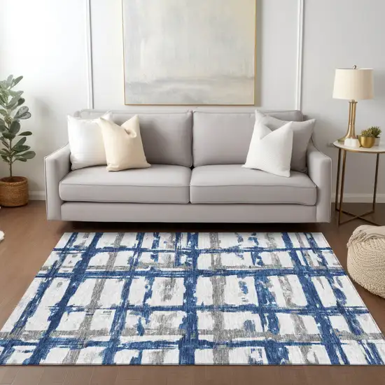 Navy Blue Gray And Silver Striped Washable Indoor Outdoor Area Rug Photo 9
