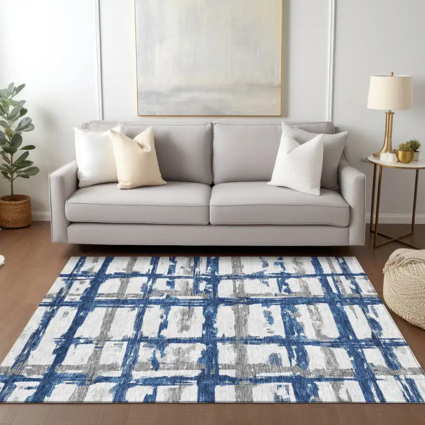 Navy Blue Gray And Silver Striped Washable Indoor Outdoor Area Rug Photo 9