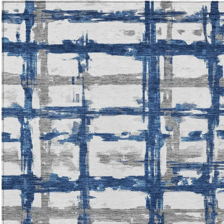 Navy Blue Gray And Silver Striped Washable Indoor Outdoor Area Rug Photo 4