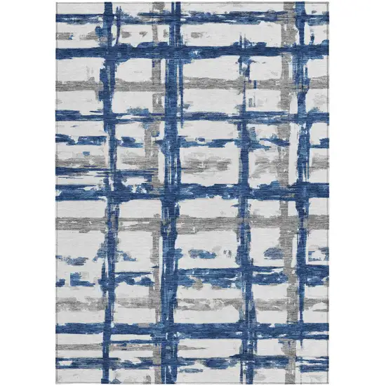 Navy Blue Gray And Silver Striped Washable Indoor Outdoor Area Rug Photo 5