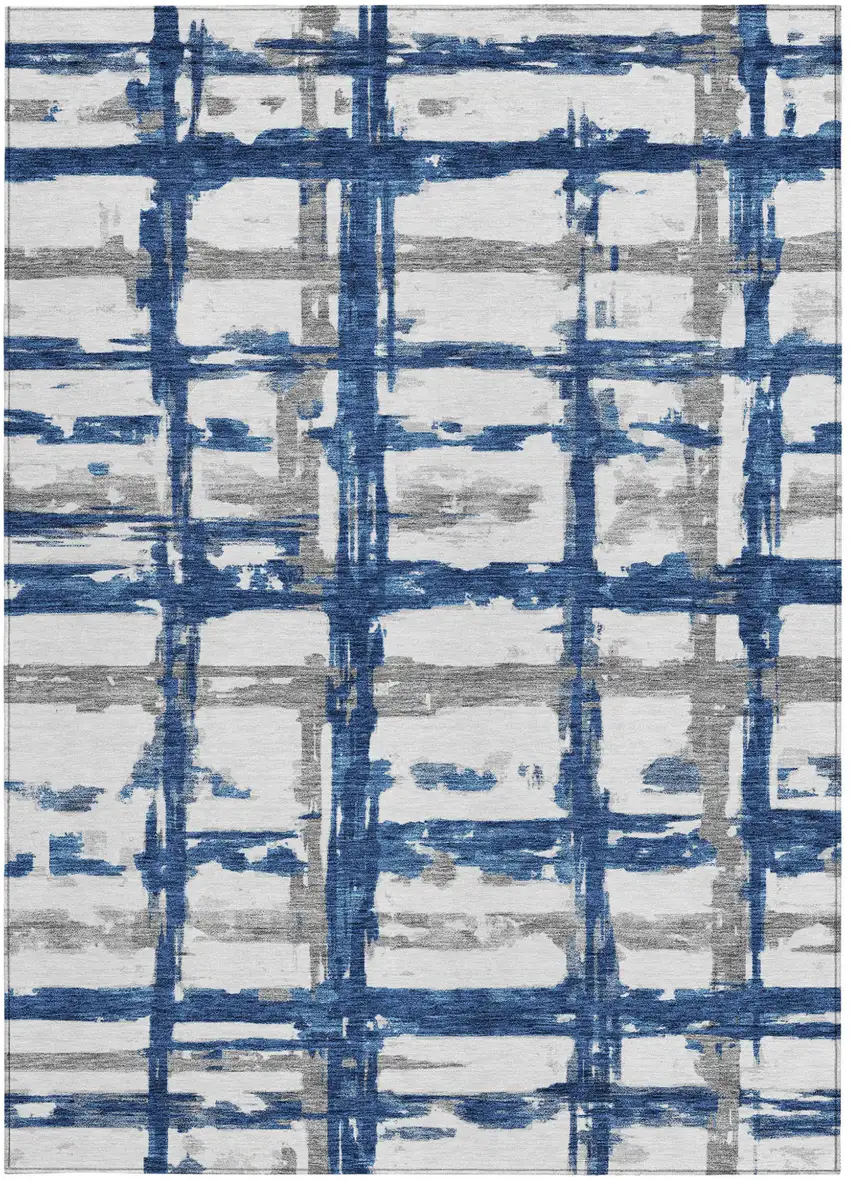 Navy Blue Gray And Silver Striped Washable Indoor Outdoor Area Rug Photo 5