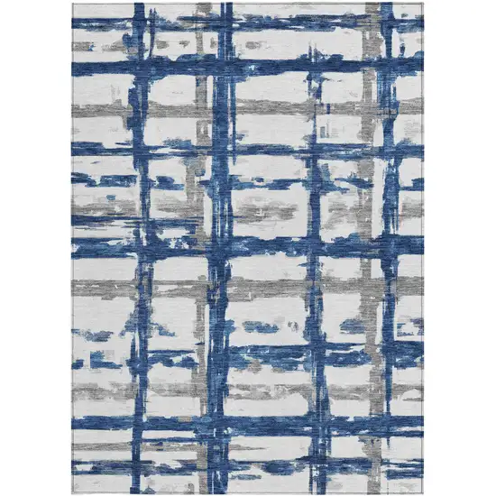 Navy Blue Gray And Silver Striped Washable Indoor Outdoor Area Rug Photo 5
