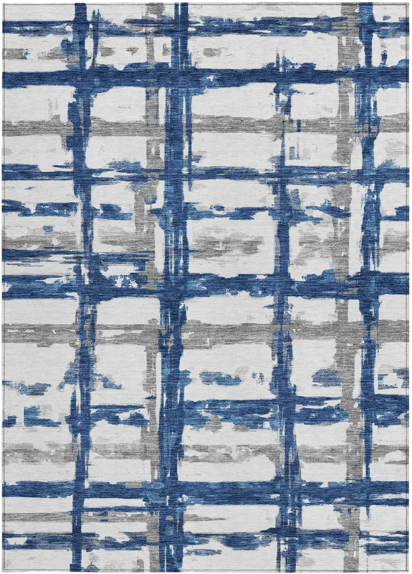 Navy Blue Gray And Silver Striped Washable Indoor Outdoor Area Rug Photo 5