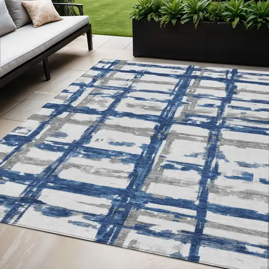 Navy Blue Gray And Silver Striped Washable Indoor Outdoor Area Rug Photo 1