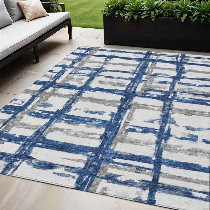 Navy Blue Gray And Silver Striped Washable Indoor Outdoor Area Rug Photo 1