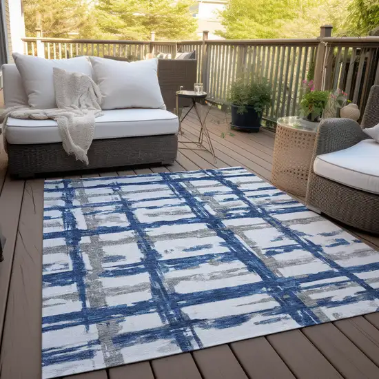 Navy Blue Gray And Silver Striped Washable Indoor Outdoor Area Rug Photo 9