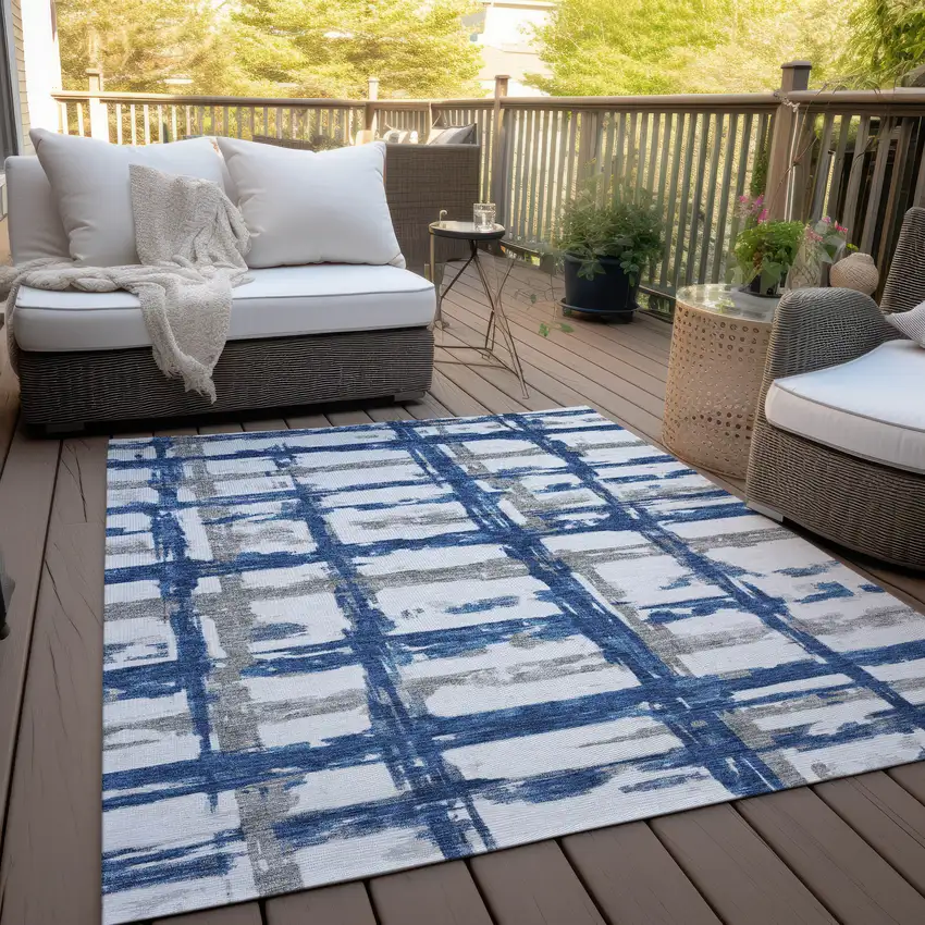 Navy Blue Gray And Silver Striped Washable Indoor Outdoor Area Rug Photo 9
