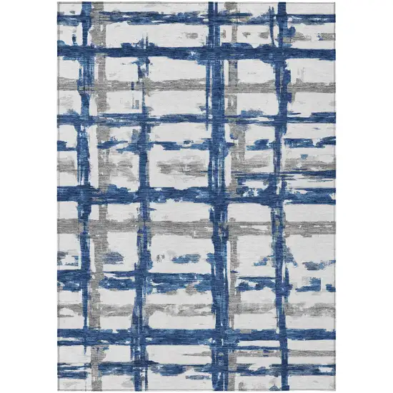 Navy Blue Gray And Silver Striped Washable Indoor Outdoor Area Rug Photo 1