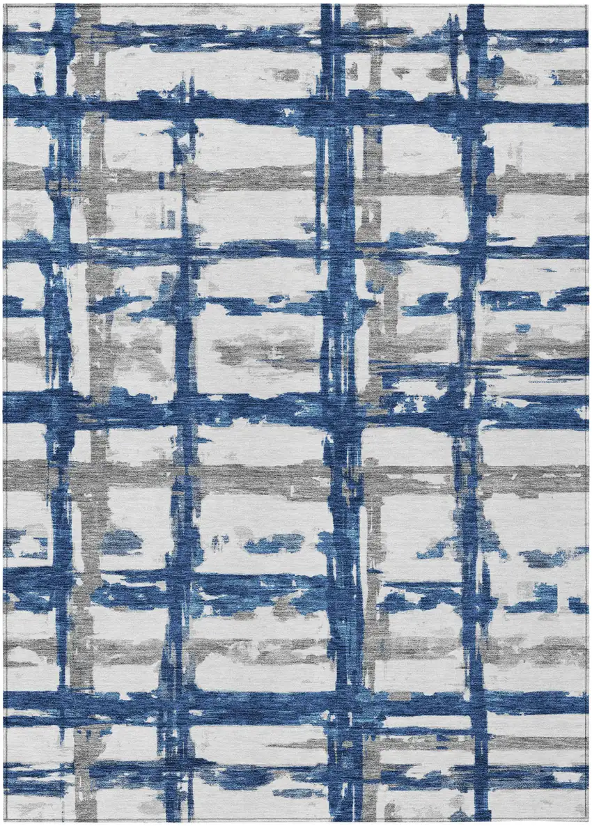 Navy Blue Gray And Silver Striped Washable Indoor Outdoor Area Rug Photo 1