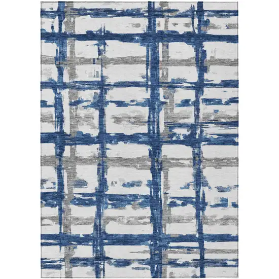 Navy Blue Gray And Silver Striped Washable Indoor Outdoor Area Rug Photo 1