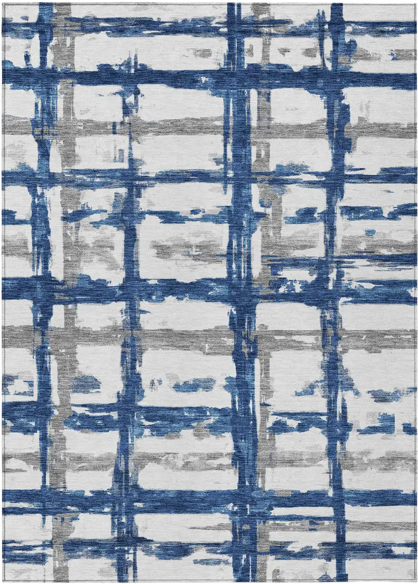 Navy Blue Gray And Silver Striped Washable Indoor Outdoor Area Rug Photo 1