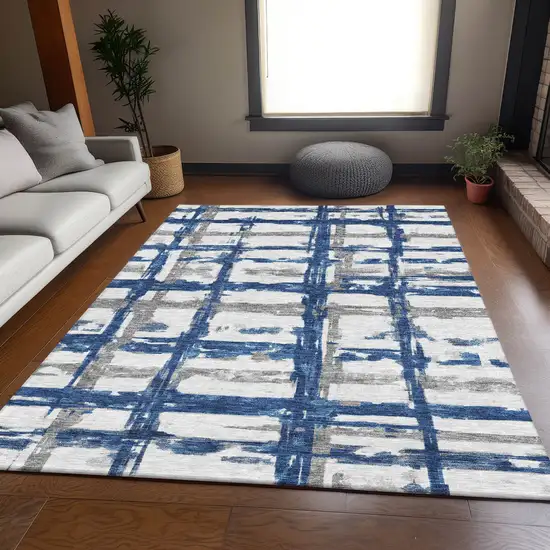 Navy Blue Gray And Silver Striped Washable Indoor Outdoor Area Rug Photo 7