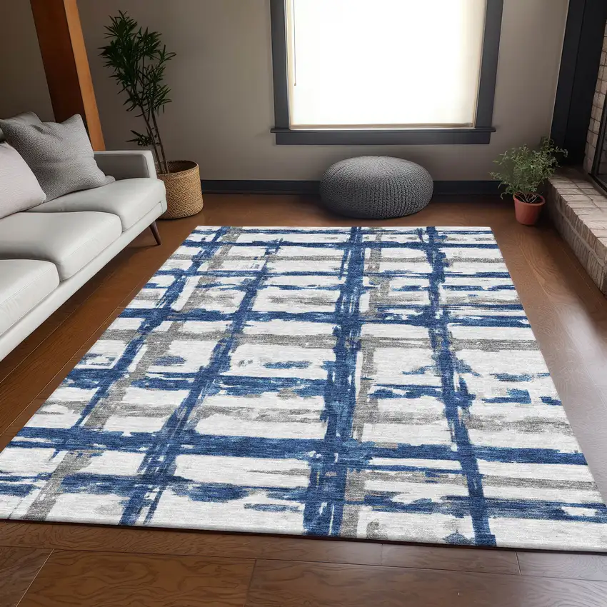 Navy Blue Gray And Silver Striped Washable Indoor Outdoor Area Rug Photo 7
