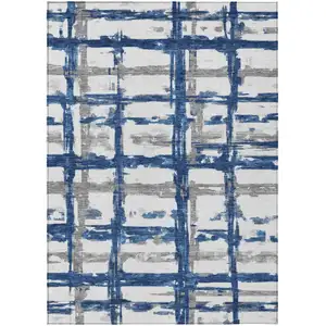 Photo of Navy Blue Gray And Silver Striped Washable Indoor Outdoor Area Rug