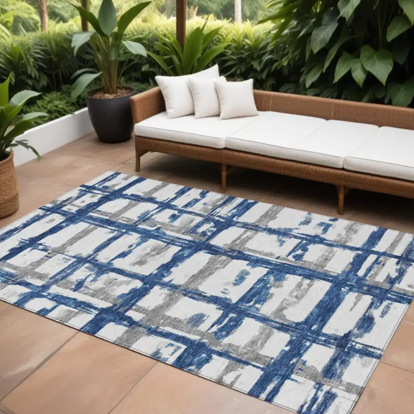 Navy Blue Gray And Silver Striped Washable Indoor Outdoor Area Rug Photo 1