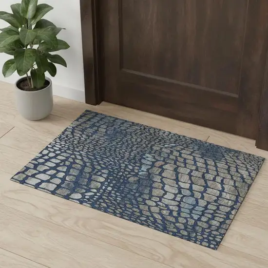 Navy Blue Gray And Taupe Abstract Geometric Washable Area Rug With UV Protection Photo 1