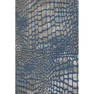 Photo of Navy Blue Gray And Taupe Abstract Geometric Washable Area Rug With UV Protection