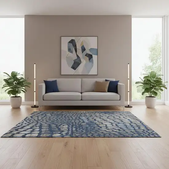 Navy Blue Gray And Taupe Abstract Geometric Washable Area Rug With UV Protection Photo 2