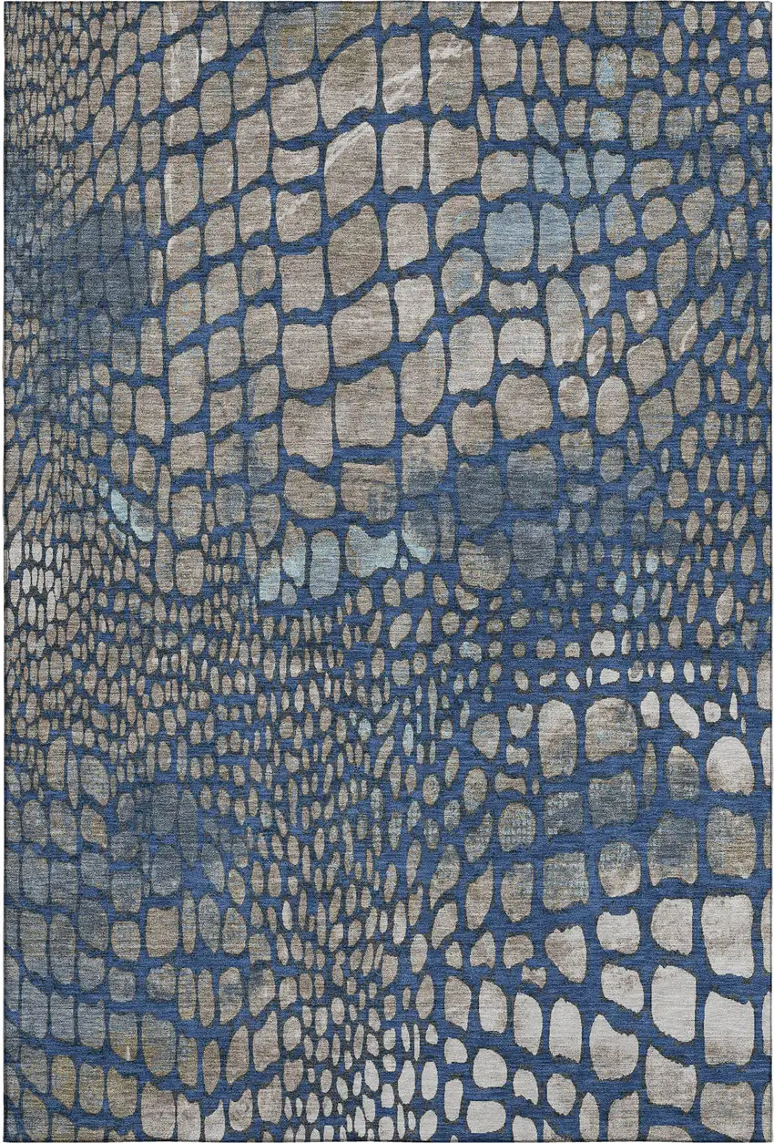 Navy Blue Gray And Taupe Abstract Geometric Washable Area Rug With UV Protection Photo 1