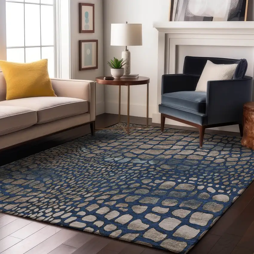 Navy Blue Gray And Taupe Abstract Geometric Washable Area Rug With UV Protection Photo 4