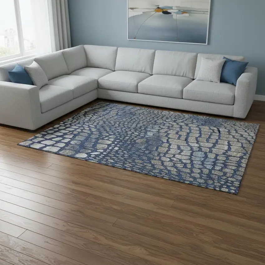 Navy Blue Gray And Taupe Abstract Geometric Washable Area Rug With UV Protection Photo 2