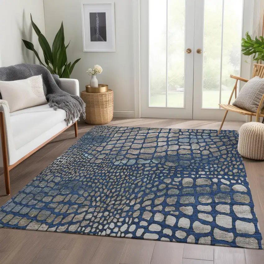 Navy Blue Gray And Taupe Abstract Geometric Washable Area Rug With UV Protection Photo 5