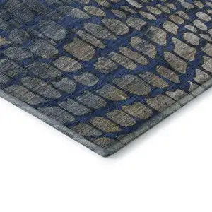 Photo of Navy Blue Gray And Taupe Abstract Geometric Washable Area Rug With UV Protection