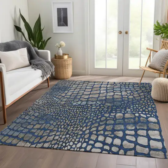 Navy Blue Gray And Taupe Abstract Geometric Washable Area Rug With UV Protection Photo 5