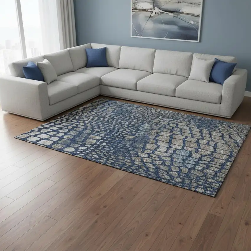 Navy Blue Gray And Taupe Abstract Geometric Washable Area Rug With UV Protection Photo 2