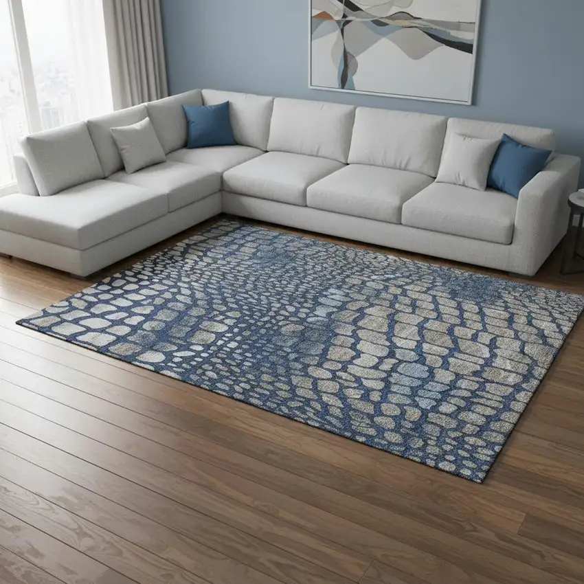 Navy Blue Gray And Taupe Abstract Geometric Washable Area Rug With UV Protection Photo 2