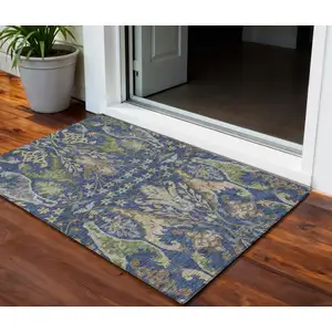 Photo of Navy Blue Green And Brown Floral Washable Indoor Outdoor Area Rug