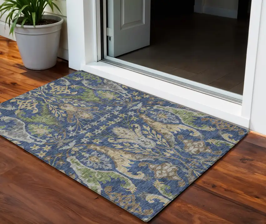 Navy Blue Green And Brown Floral Washable Indoor Outdoor Area Rug Photo 1