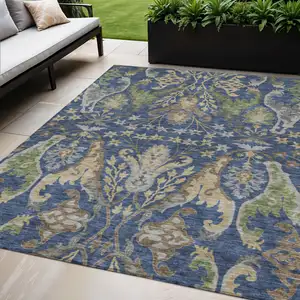 Photo of Navy Blue Green And Brown Floral Washable Indoor Outdoor Area Rug