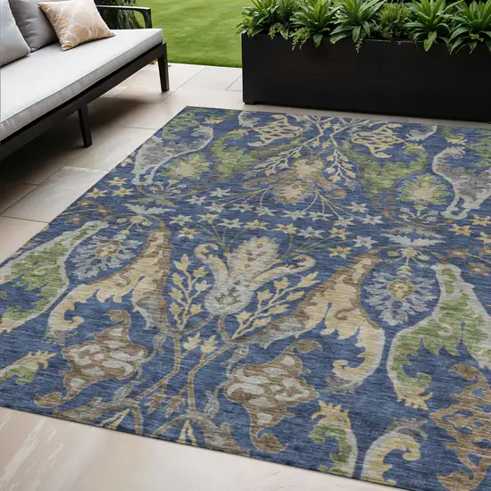 Navy Blue Green And Brown Floral Washable Indoor Outdoor Area Rug Photo 1