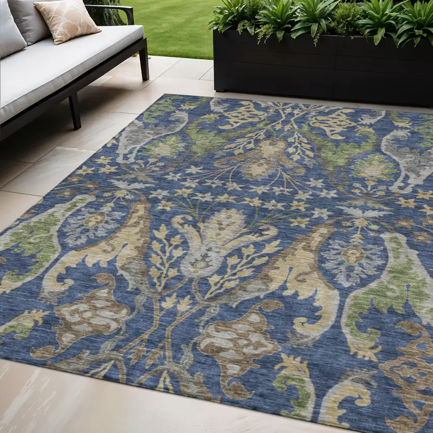 Navy Blue Green And Brown Floral Washable Indoor Outdoor Area Rug Photo 1