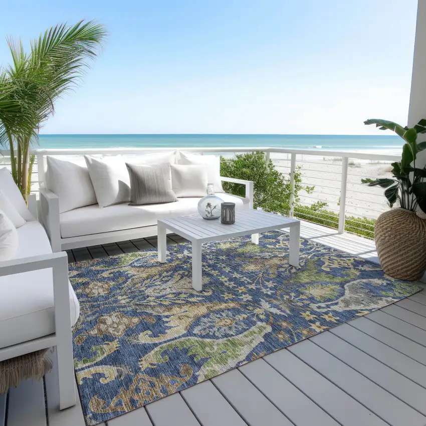 Navy Blue Green And Brown Floral Washable Indoor Outdoor Area Rug Photo 8