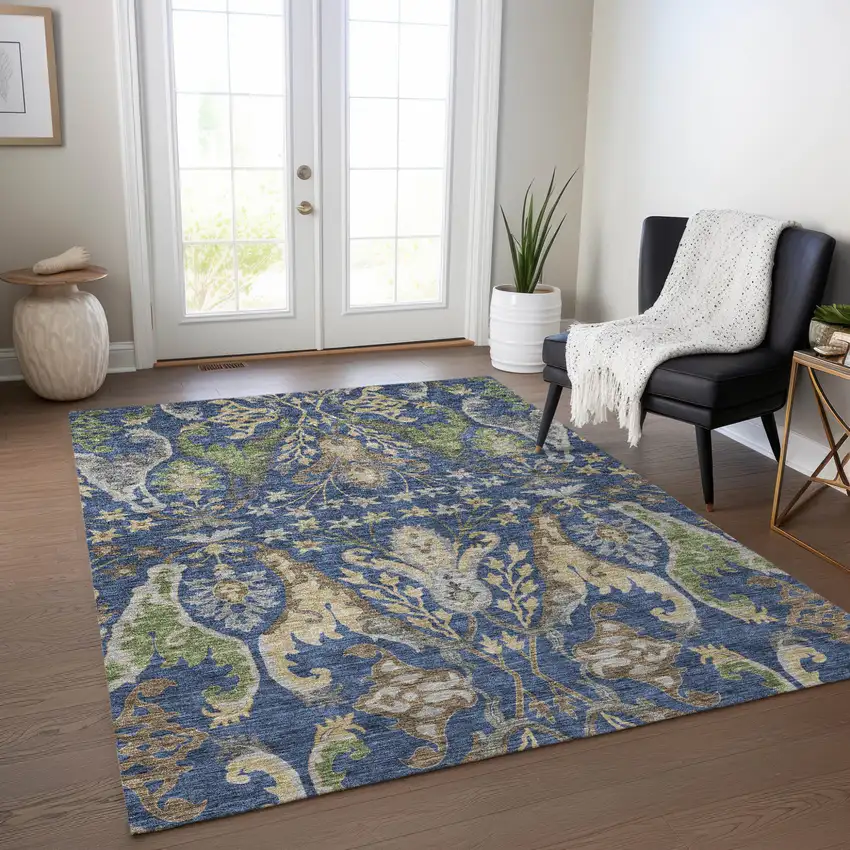 Navy Blue Green And Brown Floral Washable Indoor Outdoor Area Rug Photo 9