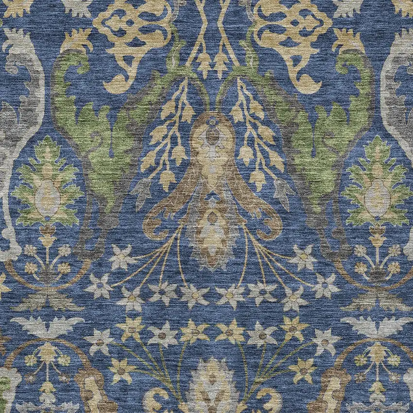 Navy Blue Green And Brown Floral Washable Indoor Outdoor Area Rug Photo 6