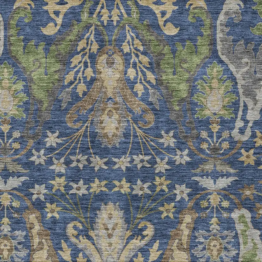 Navy Blue Green And Brown Floral Washable Indoor Outdoor Area Rug Photo 6