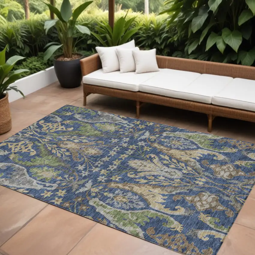 Navy Blue Green And Brown Floral Washable Indoor Outdoor Area Rug Photo 1